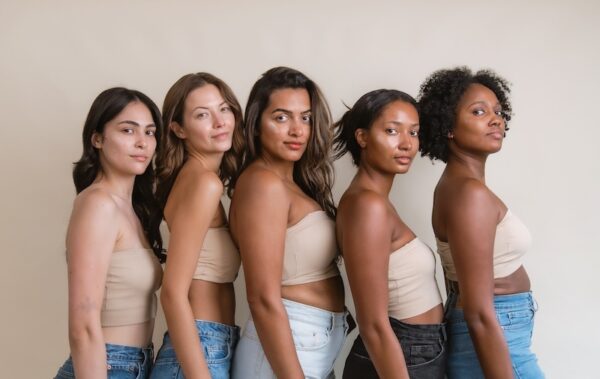 5 women of various skin-tones standing in a line
